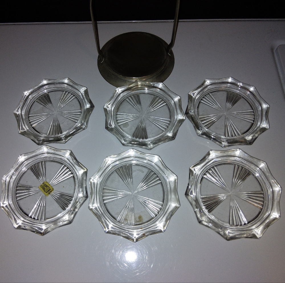 Reims glass coasters France vintage 6 piece with holder